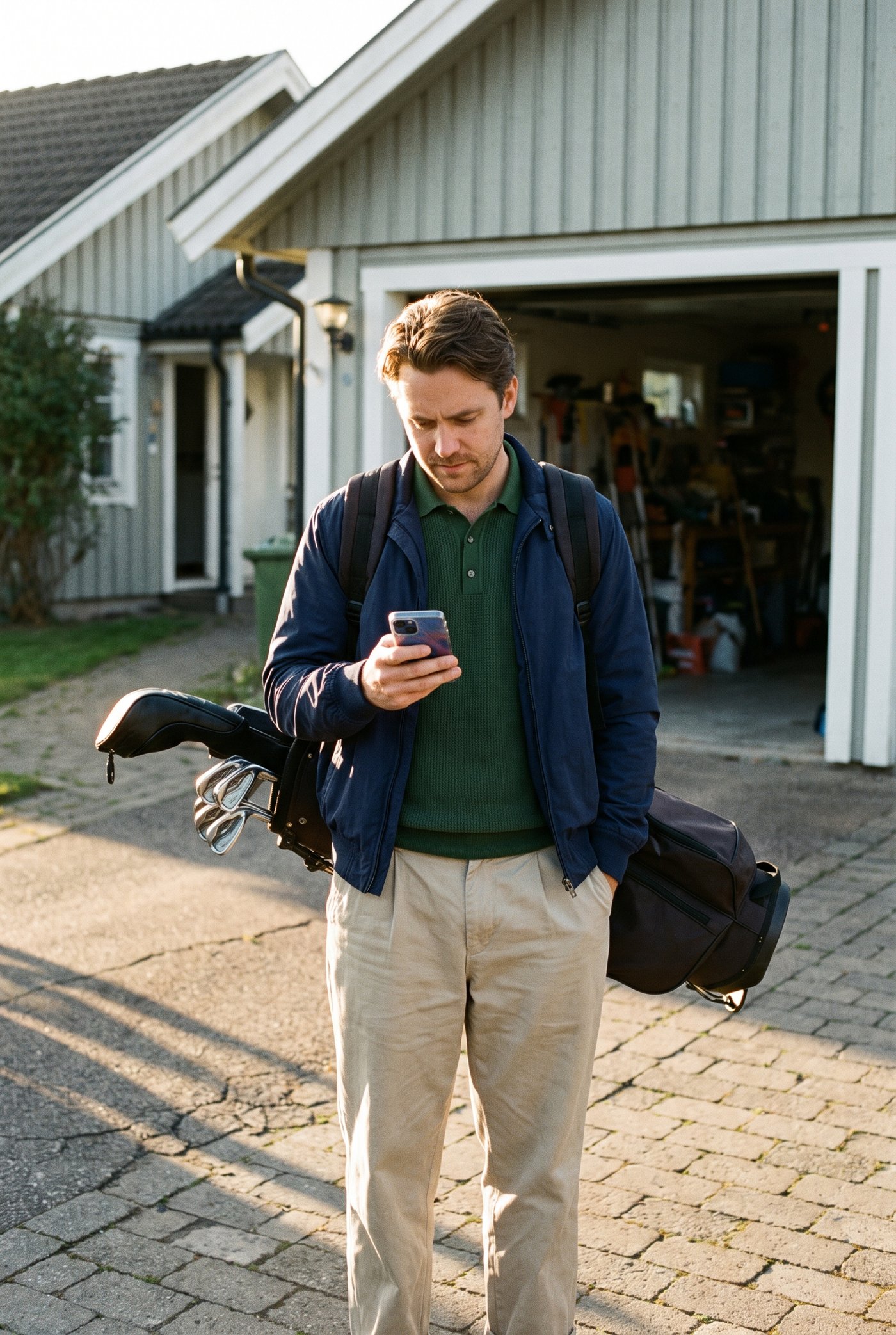 A golfer checking his phone in a driveway with his golf bag, on his way to book a session